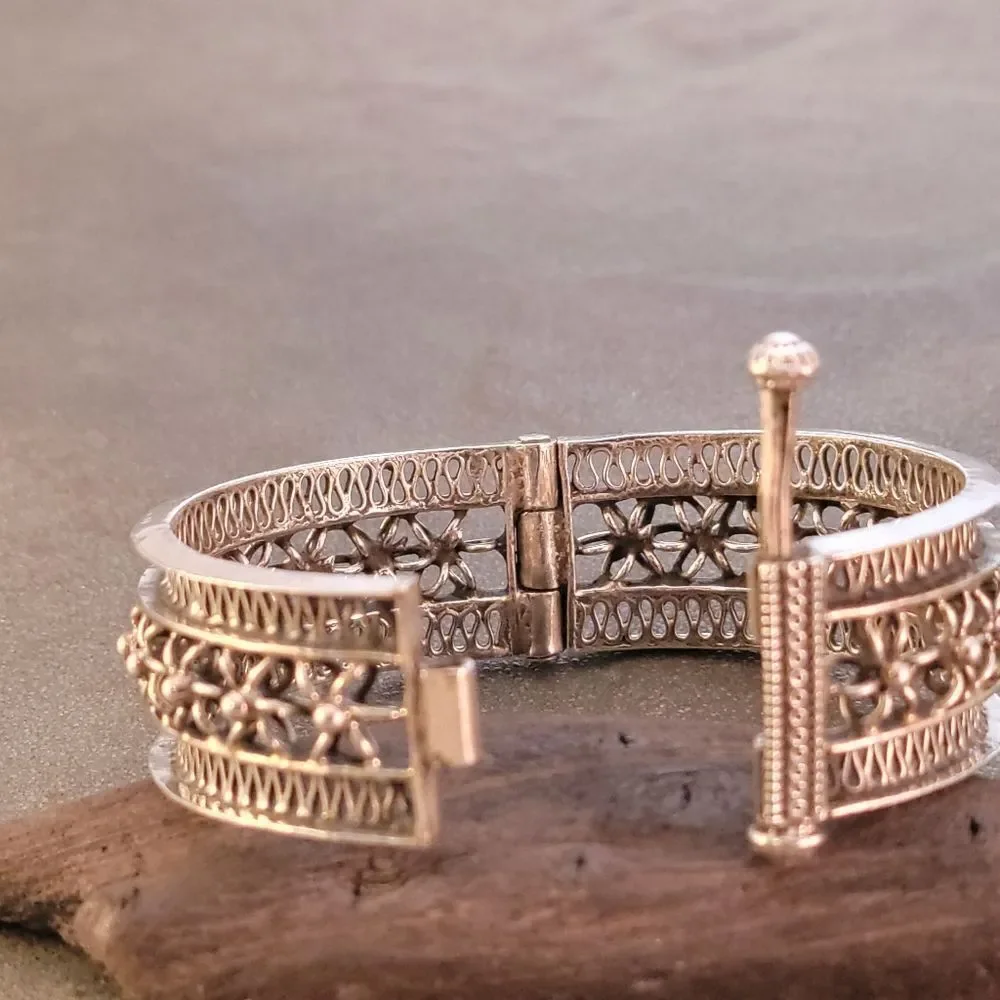 Sterling Vintage Wide Openwork Flower Hinge Bangle Bracelet